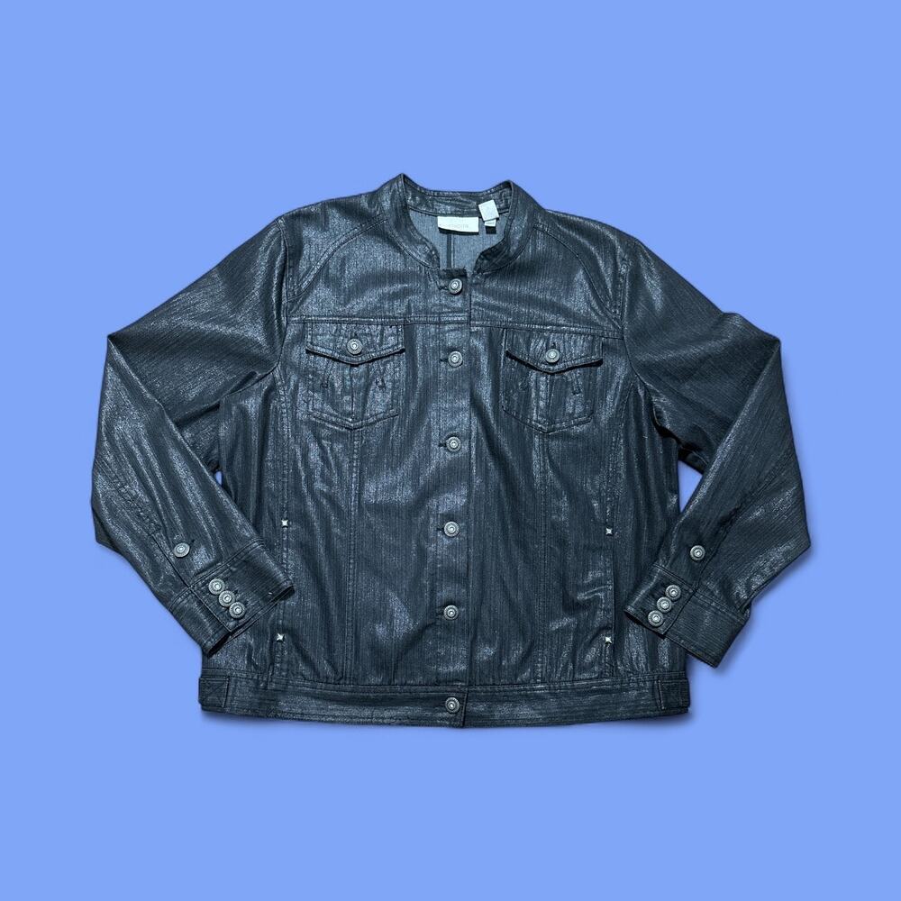 Black shiny denim jacket with beautiful buttons